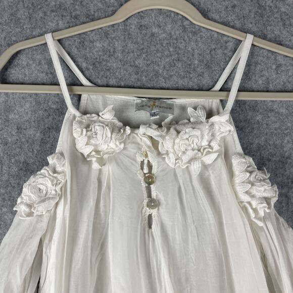 Belle France Silk Blend Top Women Small Floral Cold Shoulder Fairy Boho Romantic - Picture 2 of 16